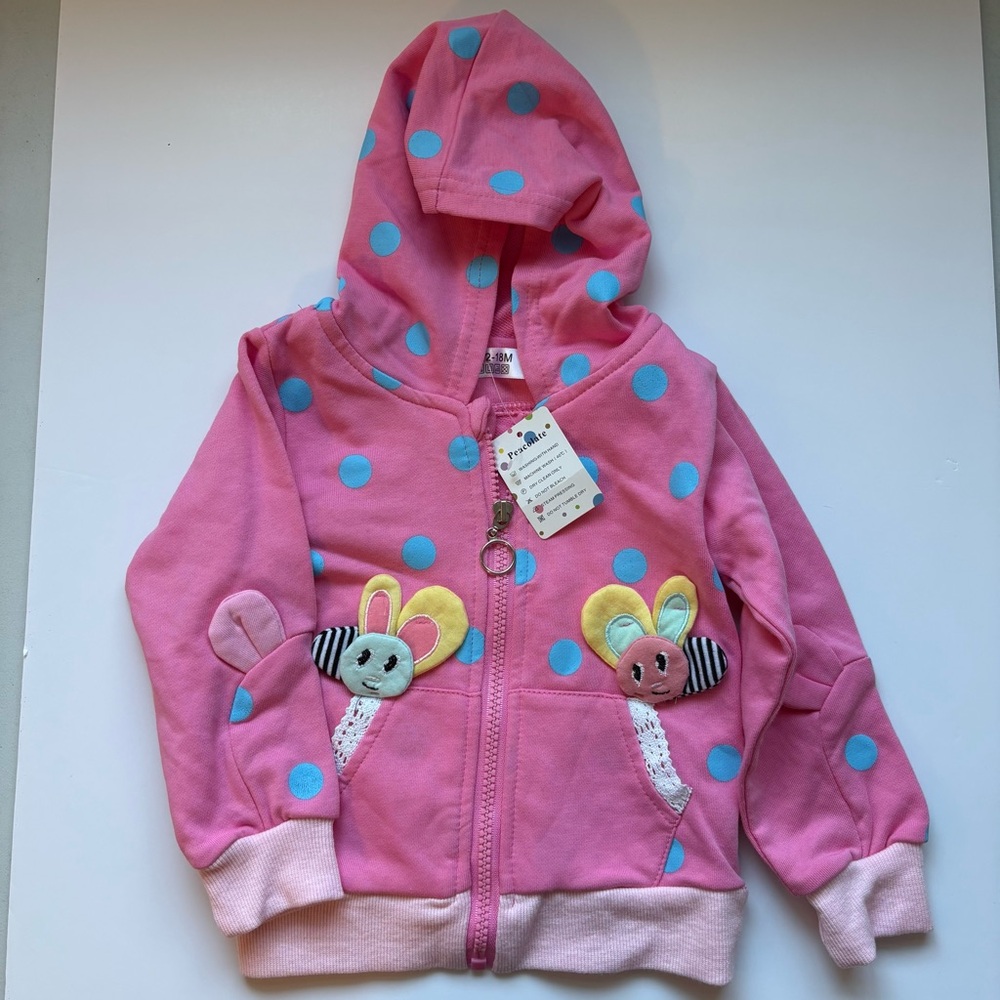 NWT Peacolate Baby Toddler Girls Pink Butterfly Cotton Zip Hoodie, Size 12–18M